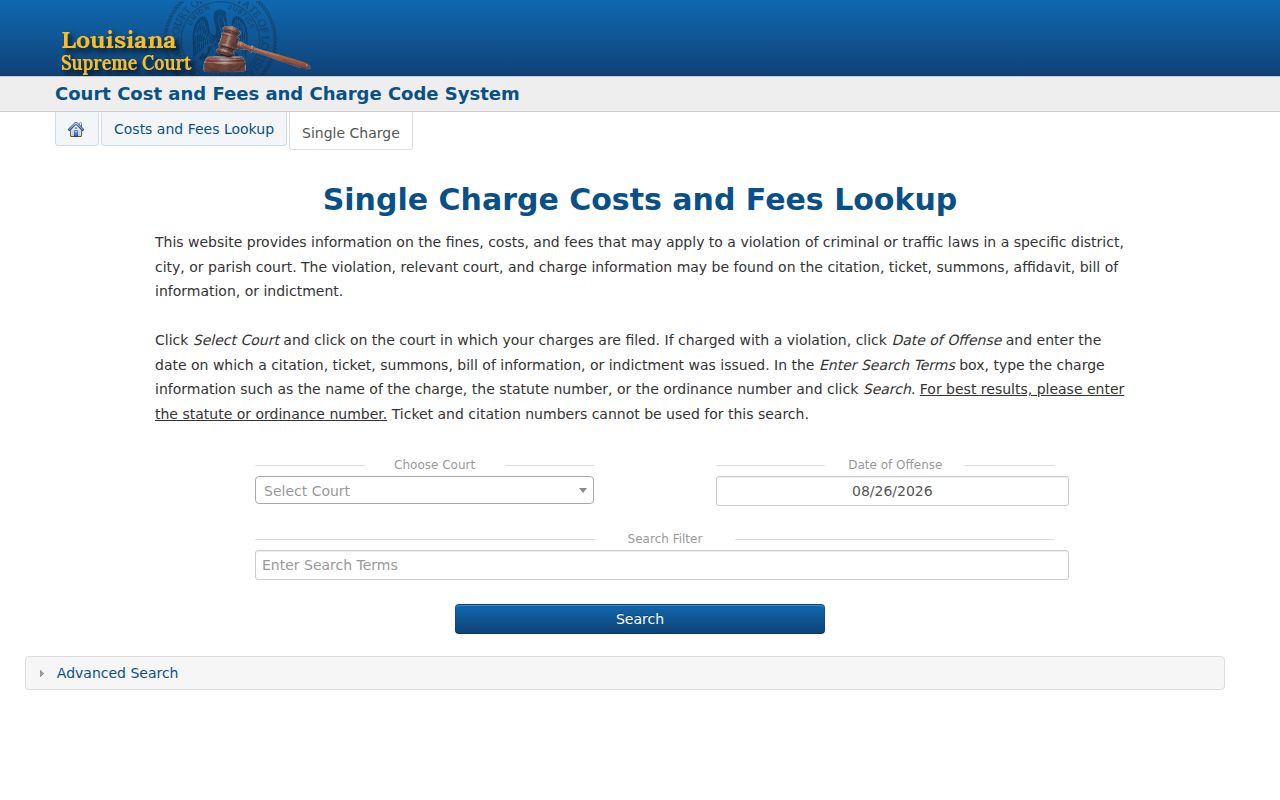 Calcasieu Parish case search distinction from Louisiana charge code search