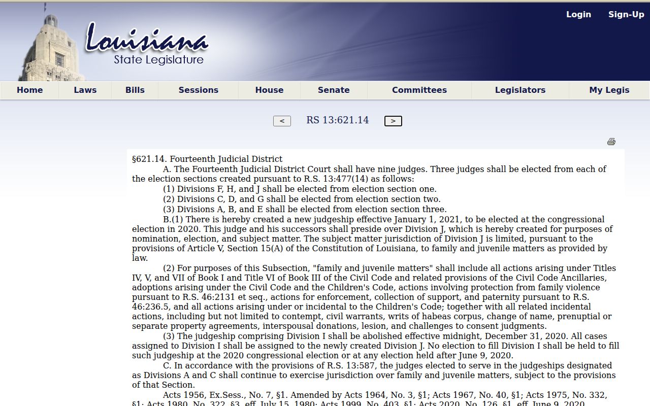 Calcasieu Parish court calendar context from the 14th JDC divisions statute