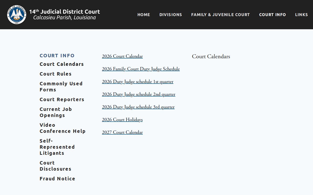 Calcasieu Parish court calendar directory at the 14th JDC