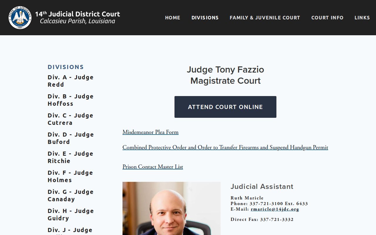 Calcasieu Parish court setting information on the 14th JDC Magistrate Court page