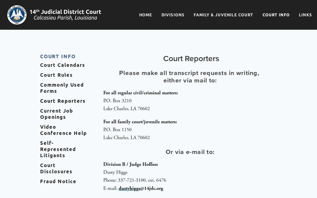 Calcasieu Parish court calendar related transcript request information