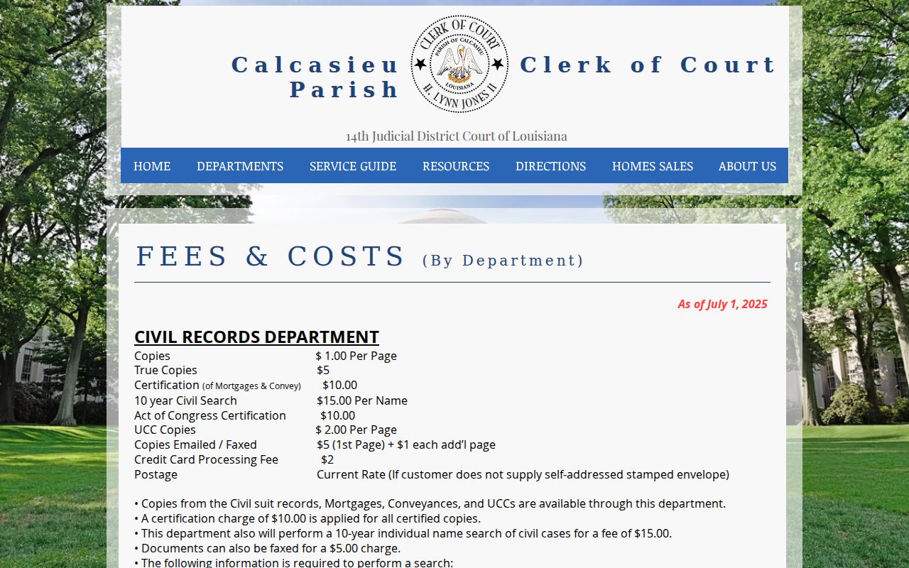 Calcasieu Parish court records Clerk fee schedule