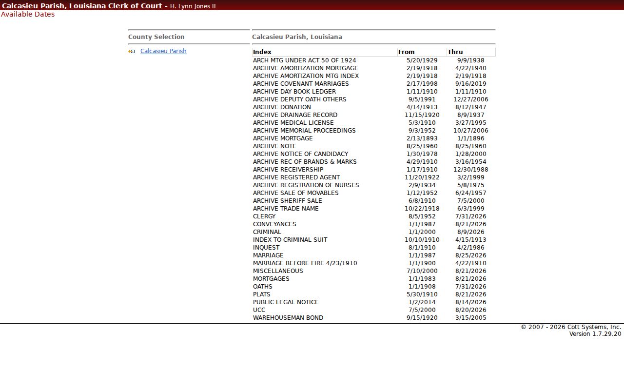 Calcasieu Parish criminal docket searchable records date coverage page