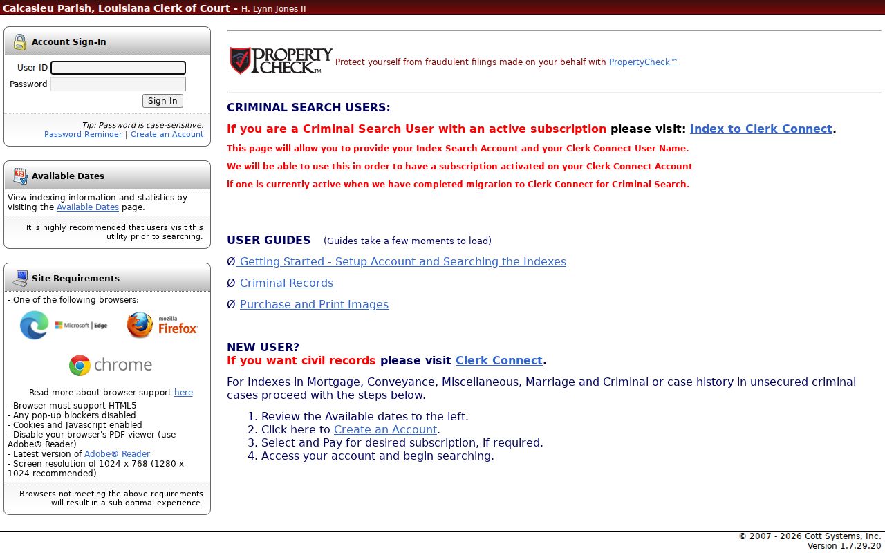 Calcasieu Parish criminal docket eSearch login screen