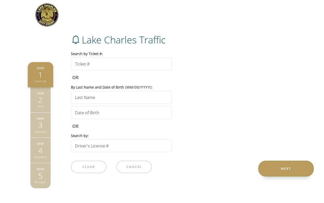 Calcasieu Parish traffic ticket lookup fields in Lake Charles FivePoint portal